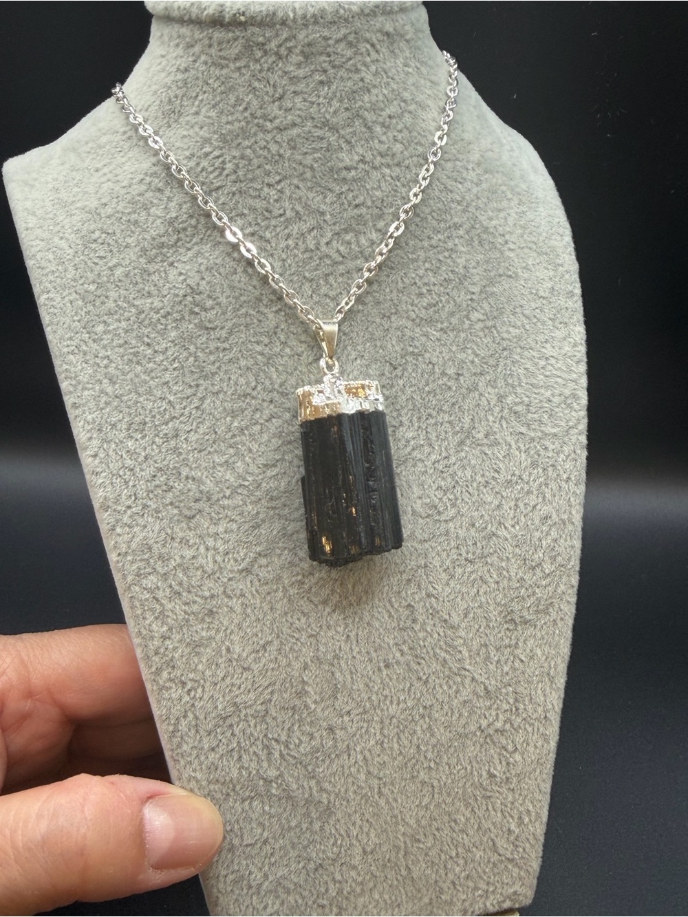 Silver-Capped Black Tourmaline Raw Stone Necklace